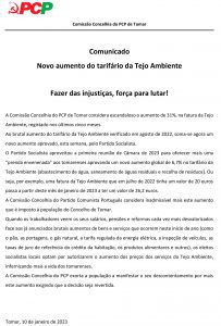 Comunicado PCP Sobre aumento do valor da agua em Tomar 10 01 2023 2
