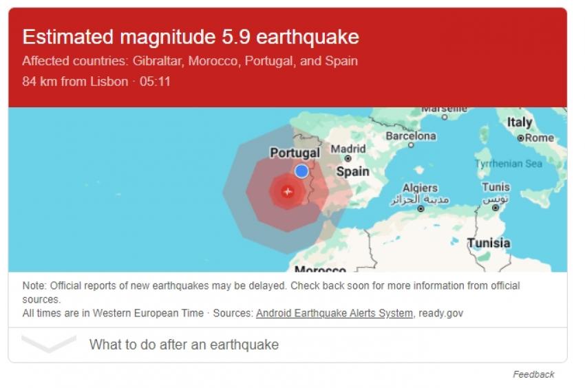 Sismo de magnitude 5,3 na escala de Richter registado ao largo de Sines