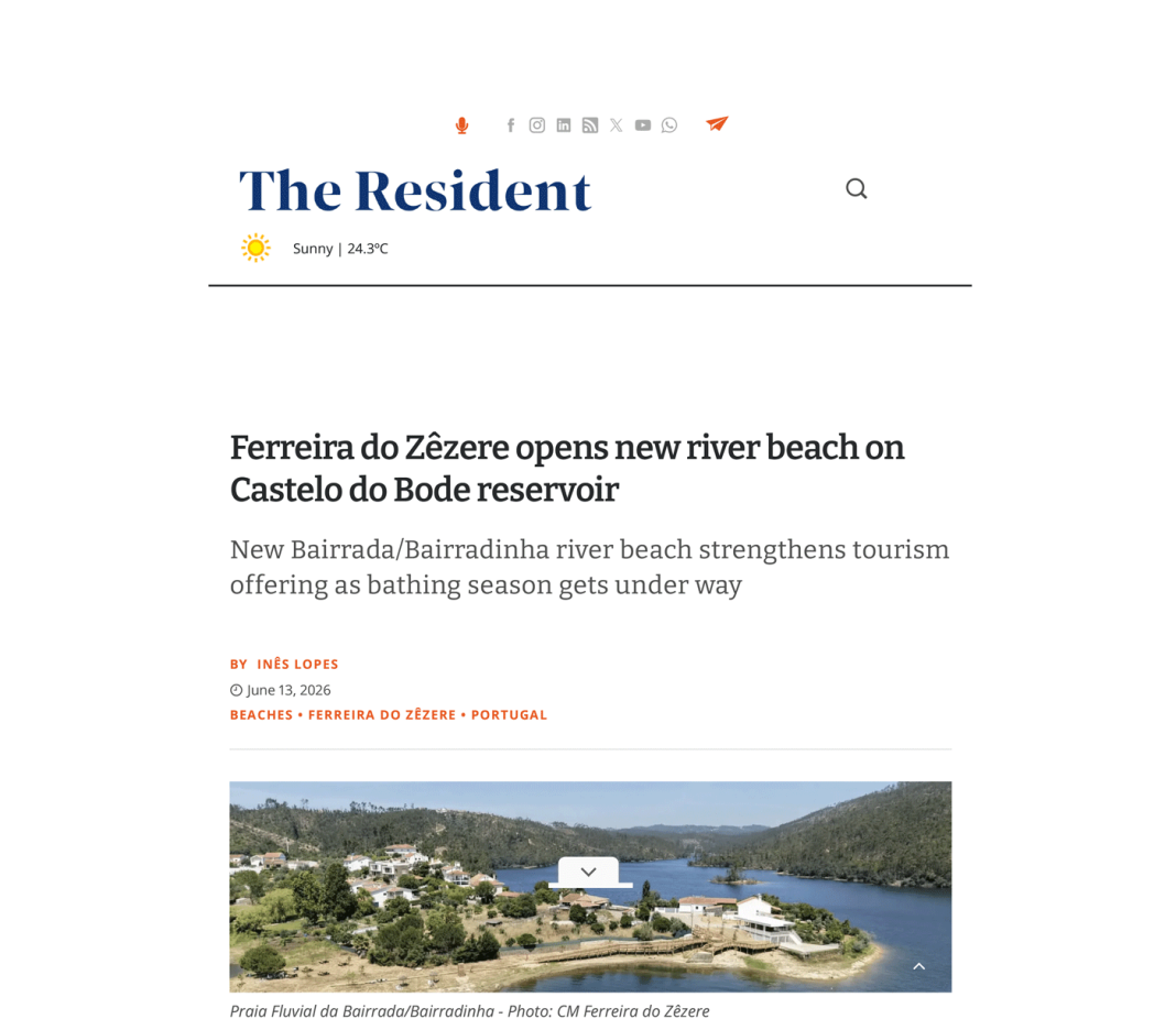 Jornal The Resident destaca nova praia da Bairrada/Bairradinha de Ferreira do Zêzere Jornal The Resident destaca nova praia da Bairrada/Bairradinha de Ferreira do Zêzere